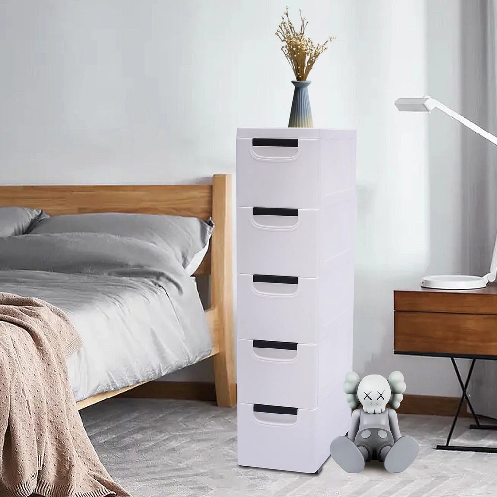 White Narrow Plastic 5 Drawer Dresser with Wheels W314513