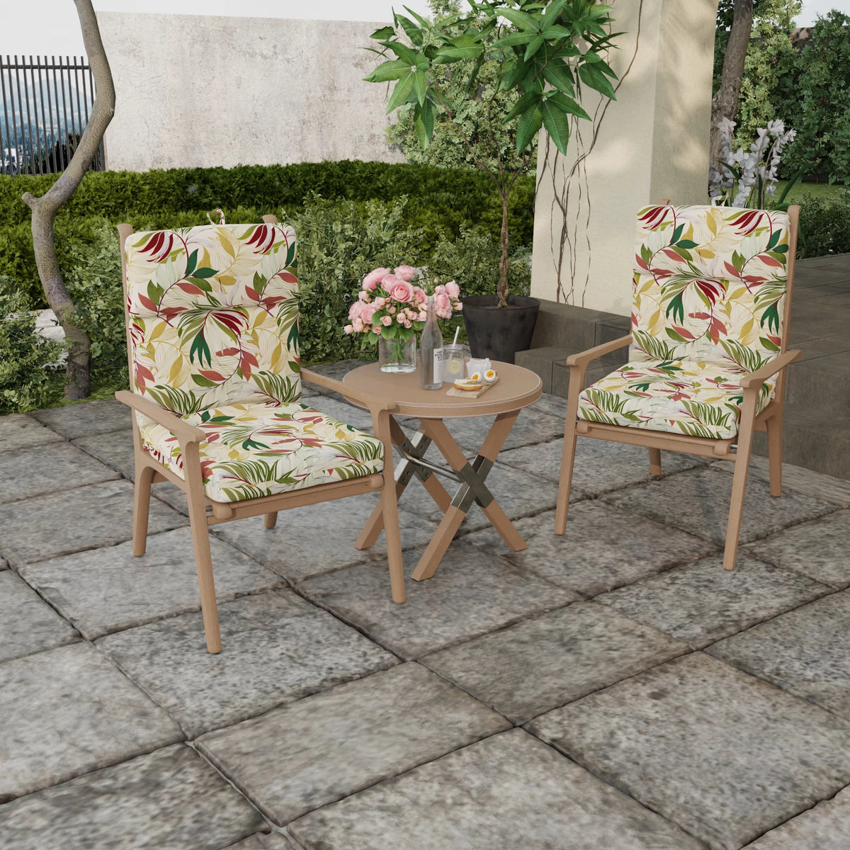 Beige Leaves Rectangular Outdoor Chair Cushion with Ties V64621