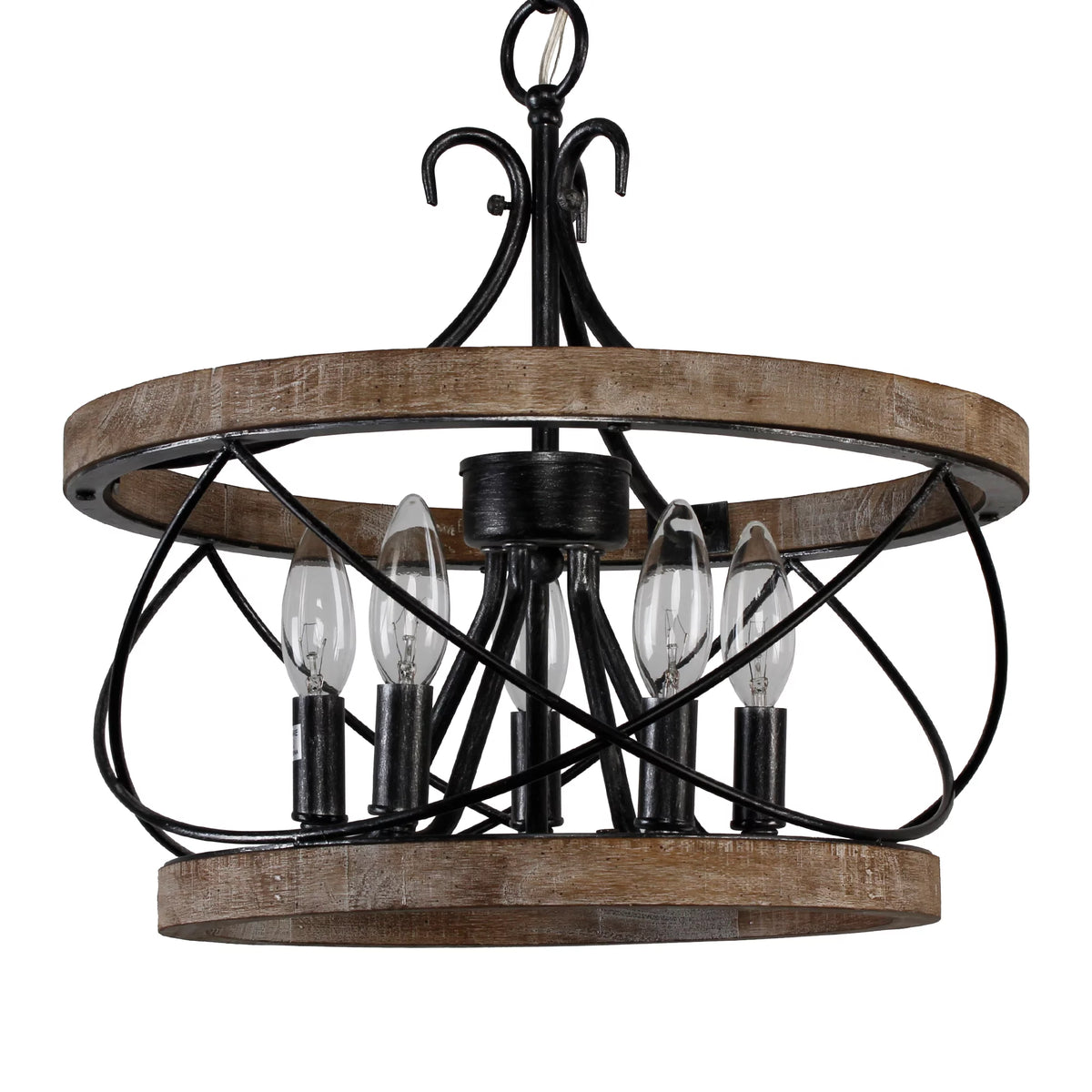 5-Light Rustic Pendant Light Adjustable Height Distressed Wood Caged Chandelier B508531