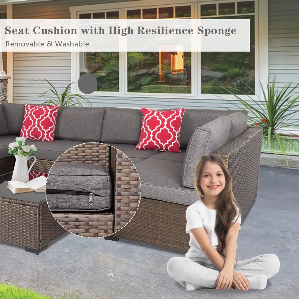7 Pcs Wicker Patio Furniture Set with Gray Cushions D591957