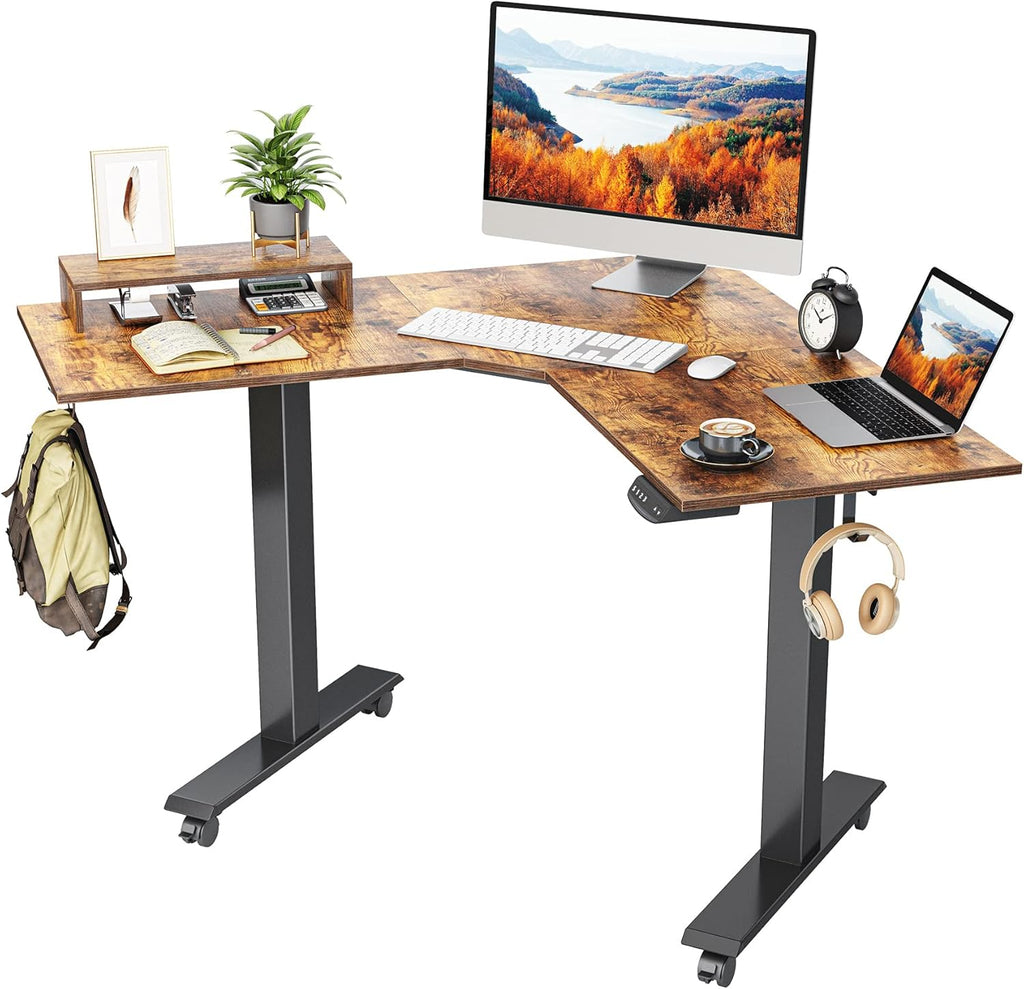L Shaped Electric Standing Desk with Bamboo Top and Black Frame Y87675