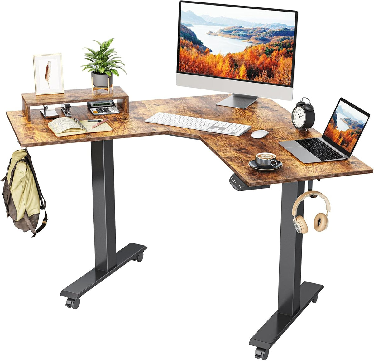 L Shaped Electric Standing Desk with Bamboo Top and Black Frame Y87675