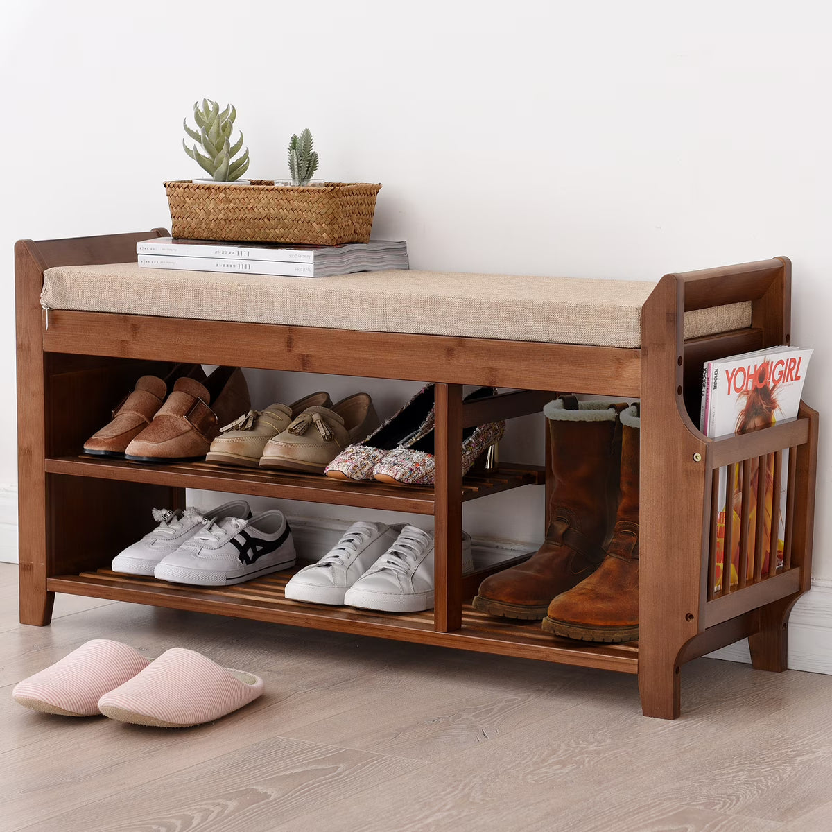Shoe Storage Bench with Storage Basket and Side Drawer I6532
