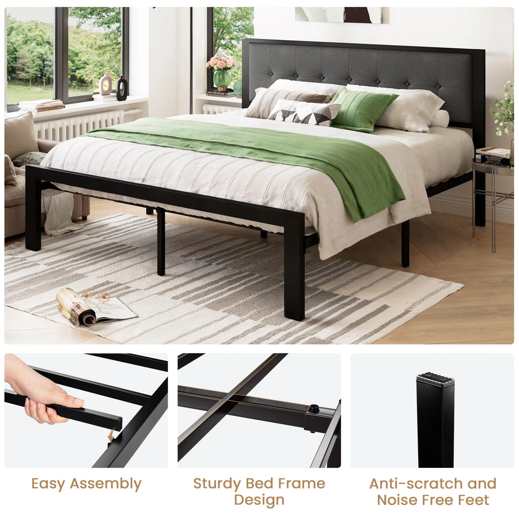 Black King Size Metal Platform Bed Frame with Fabric Headboard X946090