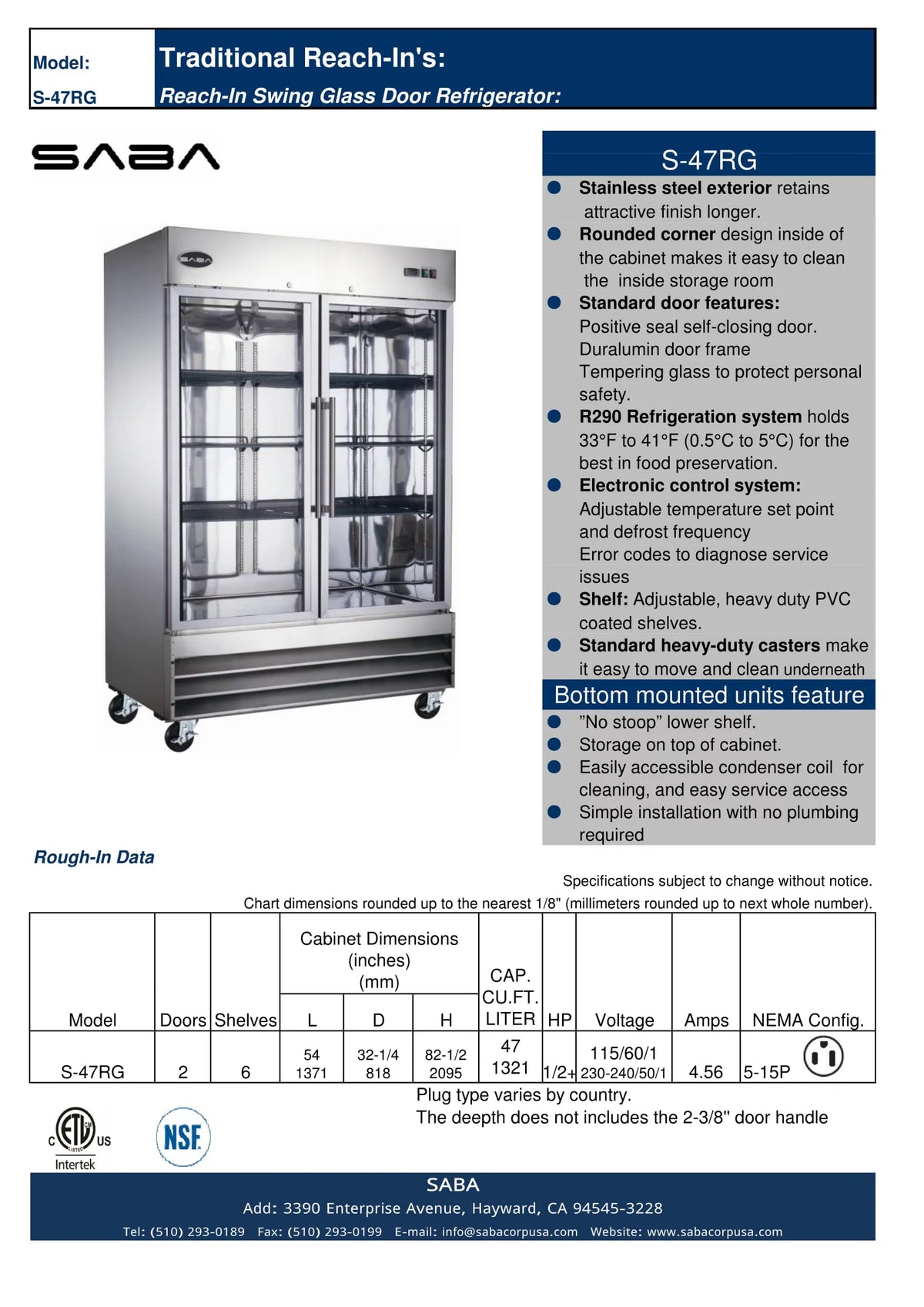 47 cu ft Stainless Steel Glass Door Reach-In Refrigerator O9144