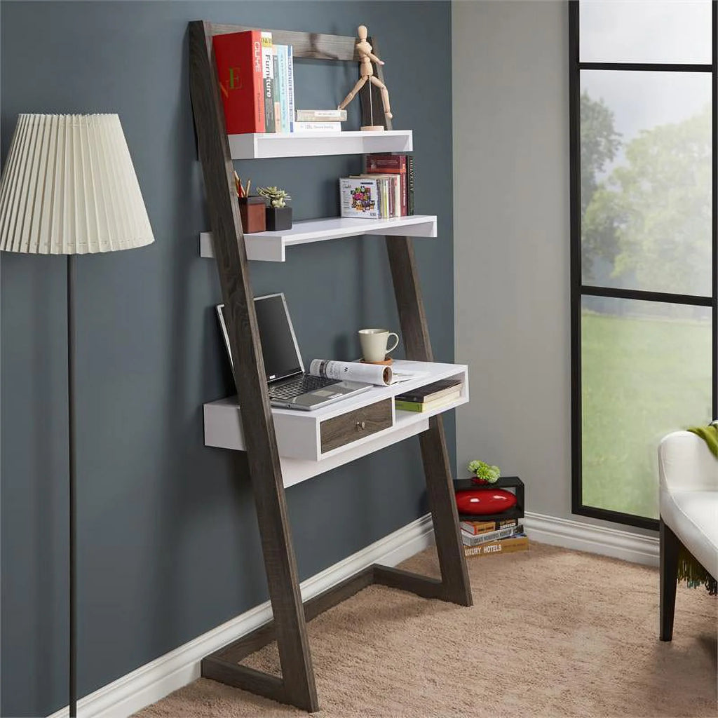 Distressed Gray Wood Writing Desk with Shelves M440078