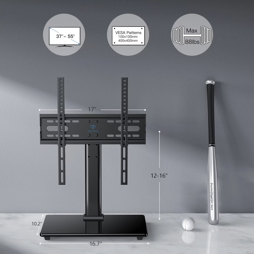 Universal TV Stand for 32-55 Inch TVs Height Adjustable Tempered Glass Base V389896