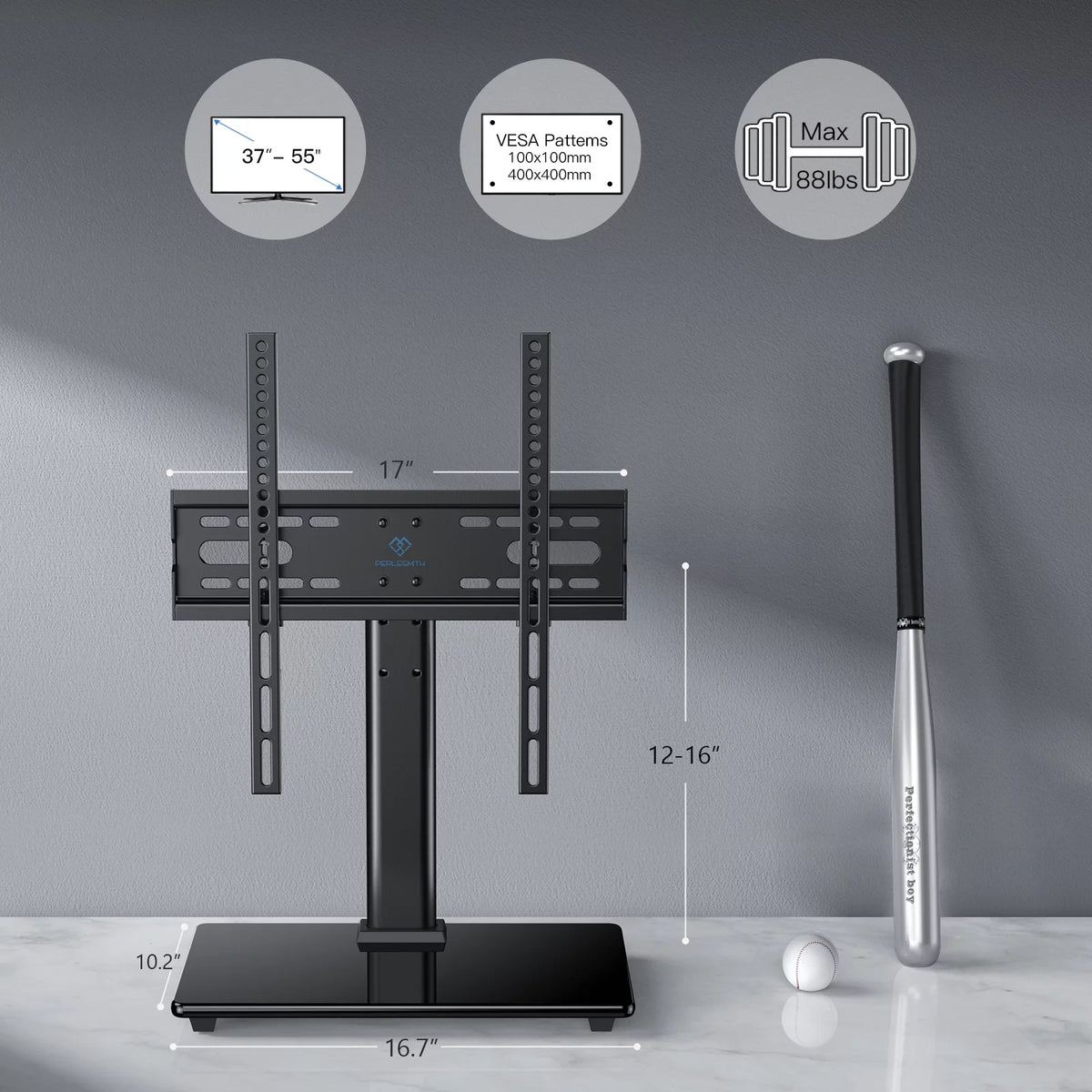 Universal TV Stand for 32-55 Inch TVs Height Adjustable Tempered Glass Base V389896