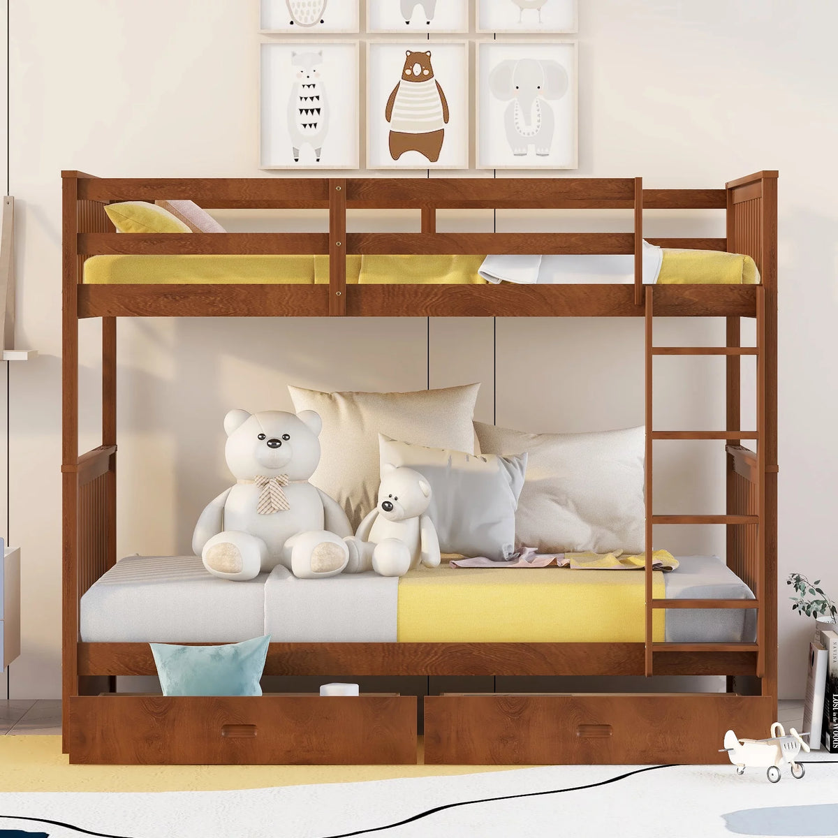 Solid Wood Twin Over Twin Bunk Beds with Storage Drawers T2092