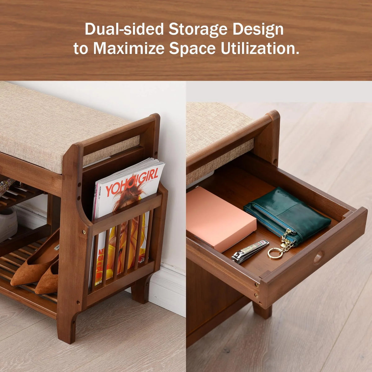 Shoe Storage Bench with Storage Basket and Side Drawer I6532