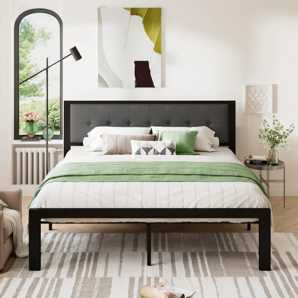 Black King Size Metal Platform Bed Frame with Fabric Headboard X946090