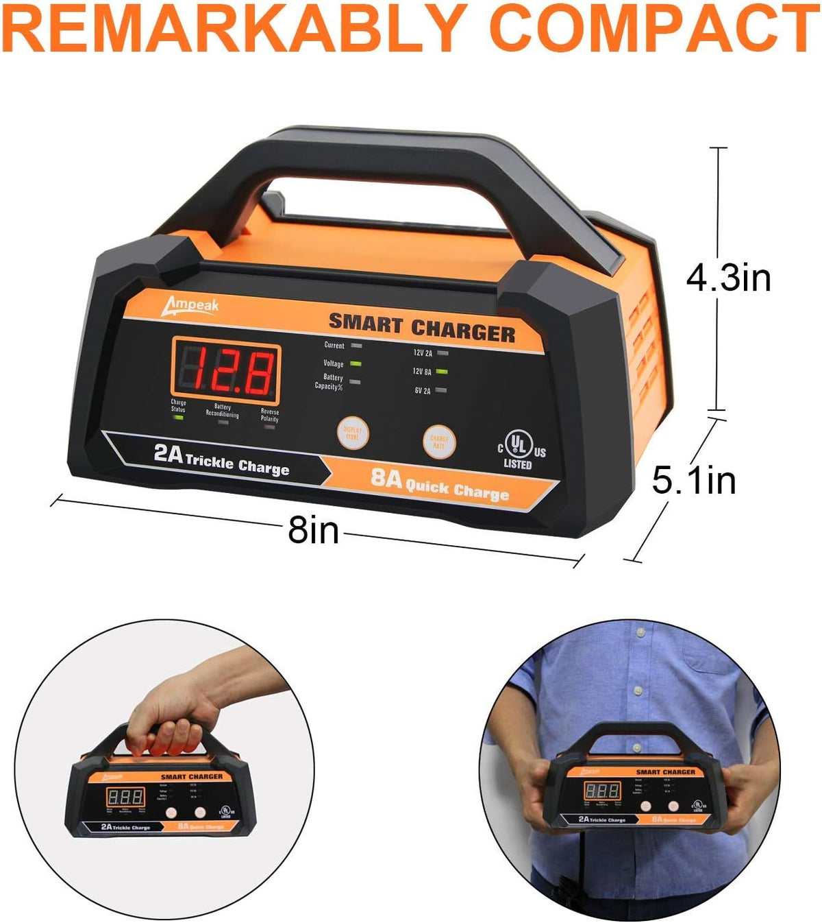 6V 12V Smart Car Battery Charger and Maintainer 2A 8A with Cable Clamps J75760
