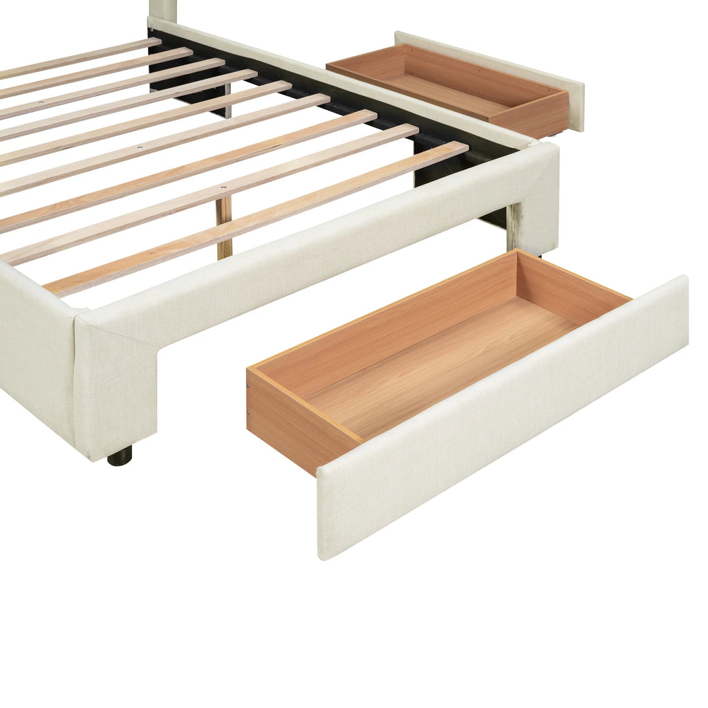 Beige Queen Size Upholstered Platform Bed with 3 Storage Drawers L881