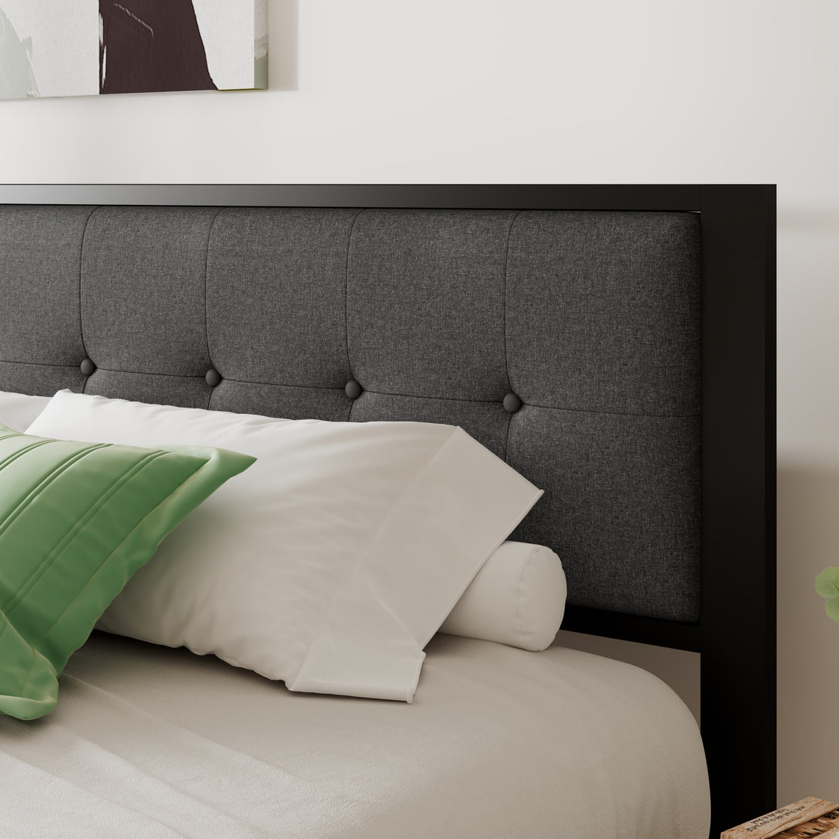 Black King Size Metal Platform Bed Frame with Fabric Headboard X946090