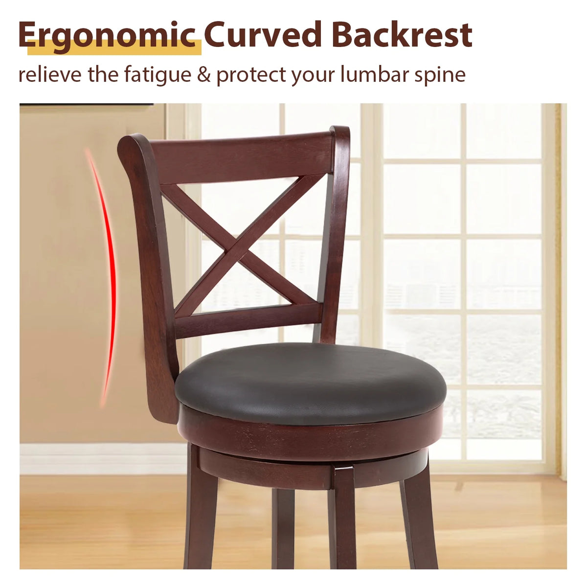 Brown Wooden Low Back Bar Stools with 360 Degree Swivel and PU Leather Upholstery B271488