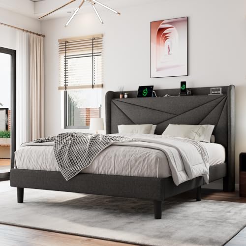 White Full Size Upholstered Platform Bed Frame with Storage Headboard G5091