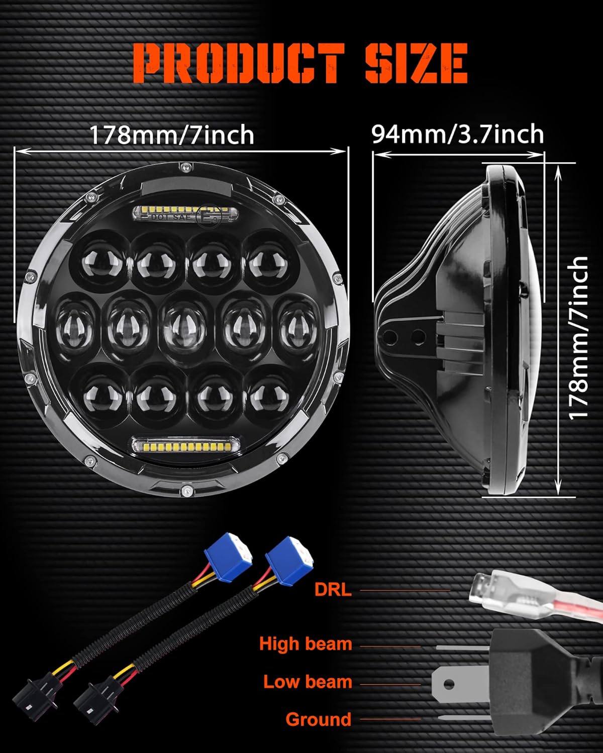 7 inch LED Headlight Round 2pcs White Amber DRL Hi/lo Beam G901039
