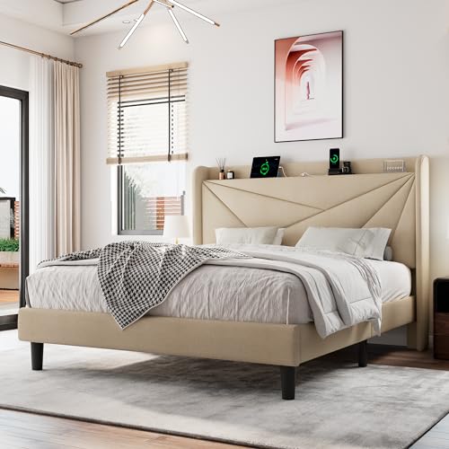 White Full Size Upholstered Platform Bed Frame with Storage Headboard G5091