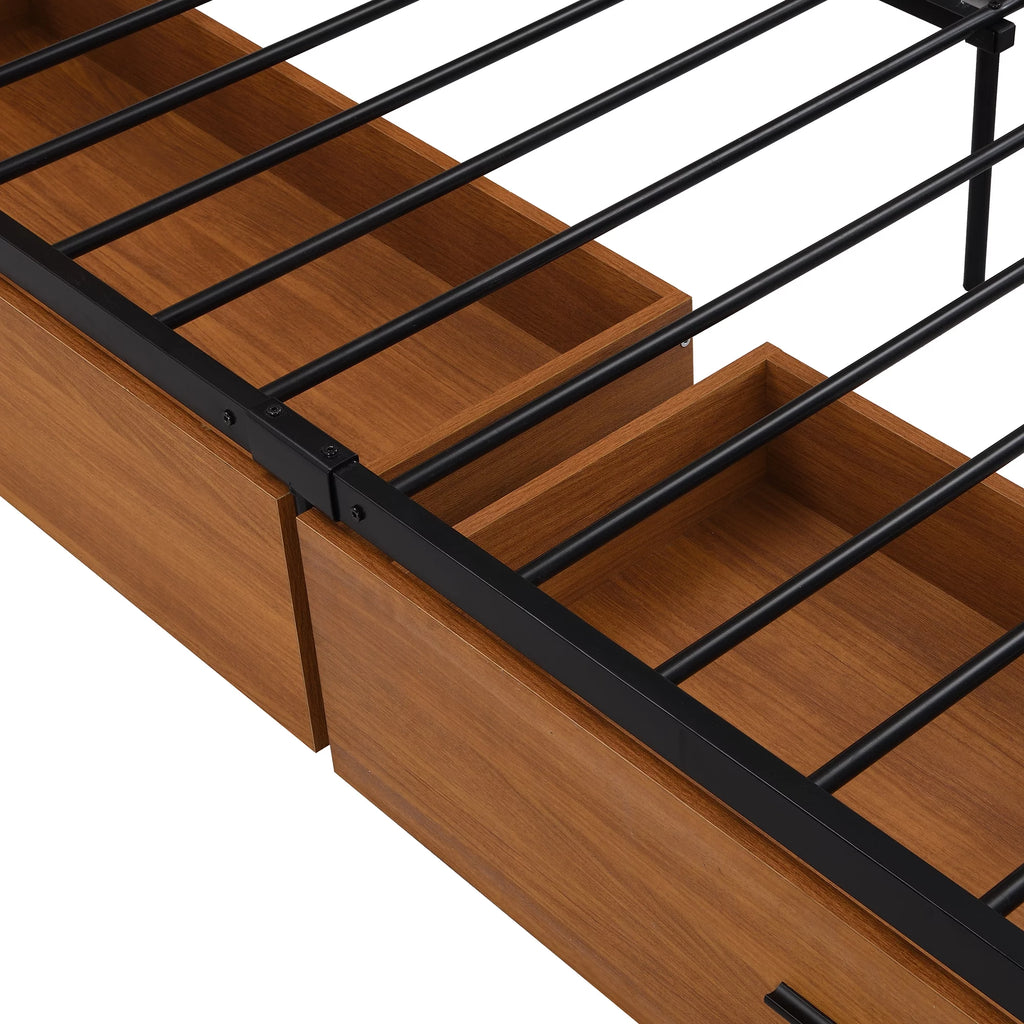 Black Queen Size Metal Platform Bed Frame with Wood Headboard and 2 Drawers Y309