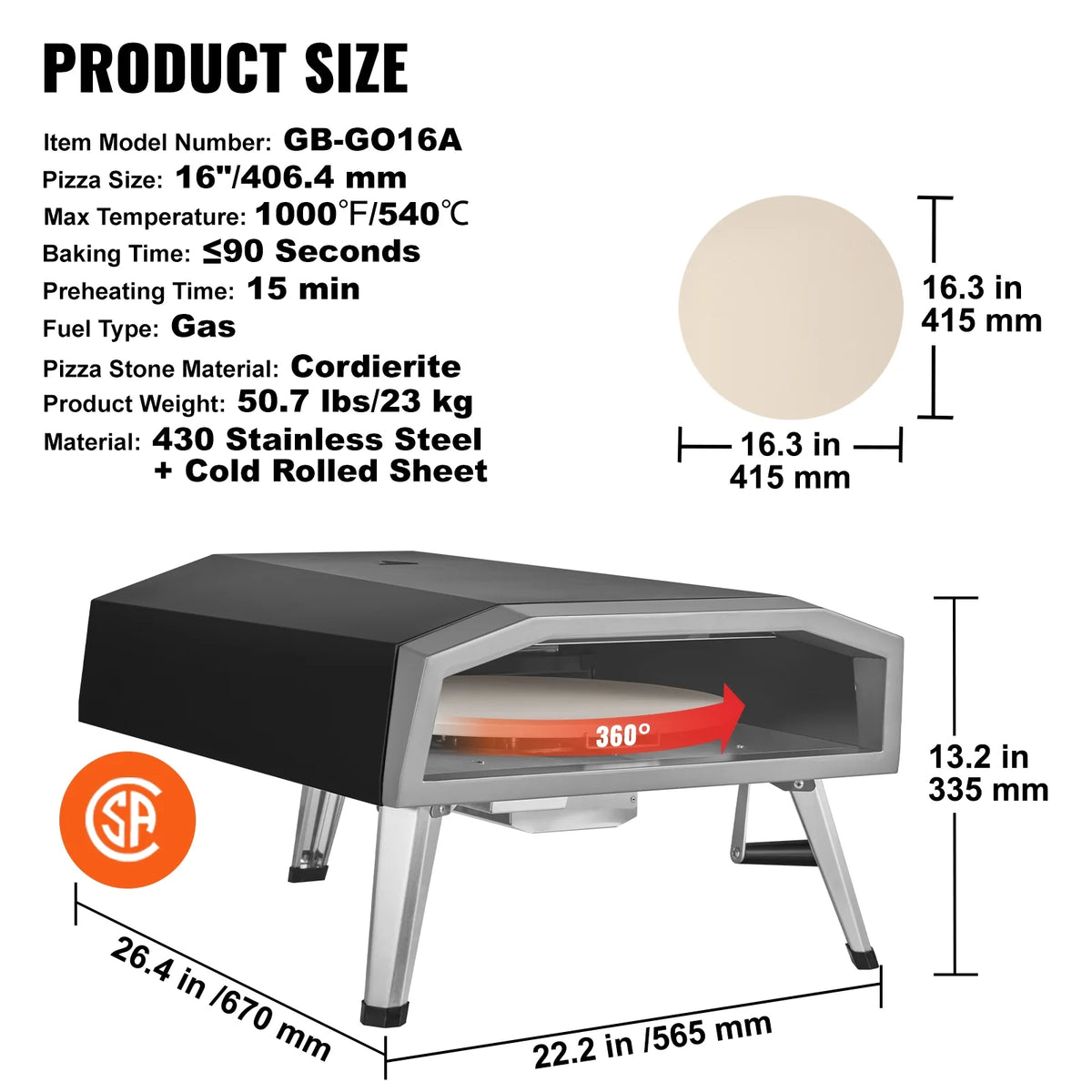 16" Portable Gas Pizza Oven D6988