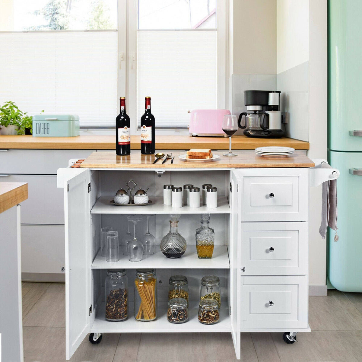 White Drop-Leaf Kitchen Island Trolley Cart Wood Storage Cabinet K921