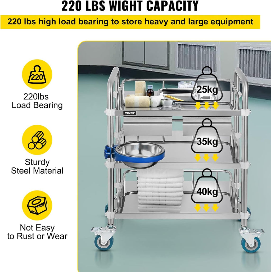 3 Layer Stainless Steel Lab Cart with Drawers J236