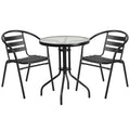 Round Glass Metal Table with 2 Black Metal Stack Chairs T9496