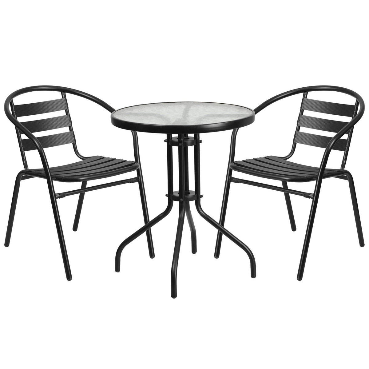 Round Glass Metal Table with 2 Black Metal Stack Chairs T9496