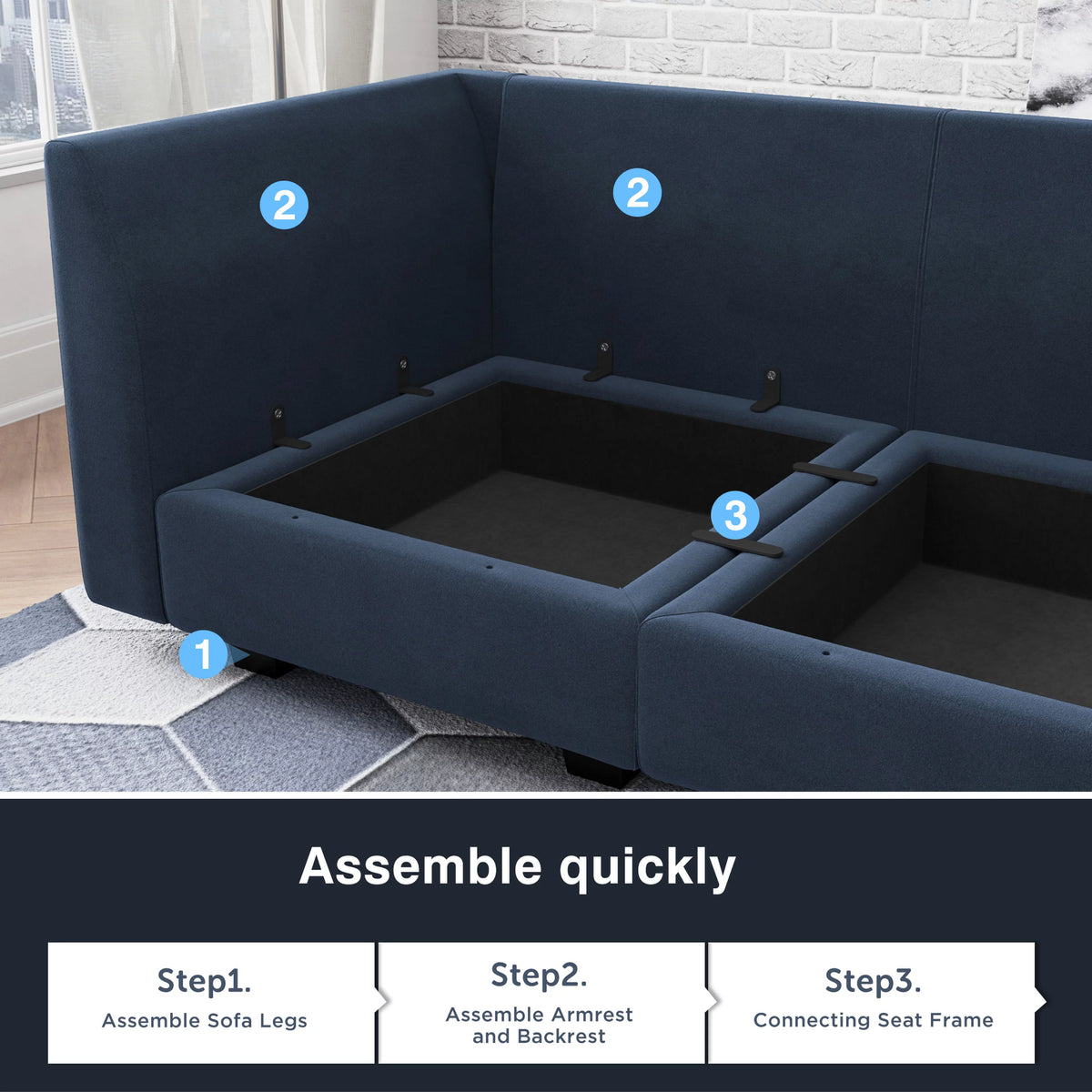 Navy Blue Velvet Modular Sleeper Sofa W52675