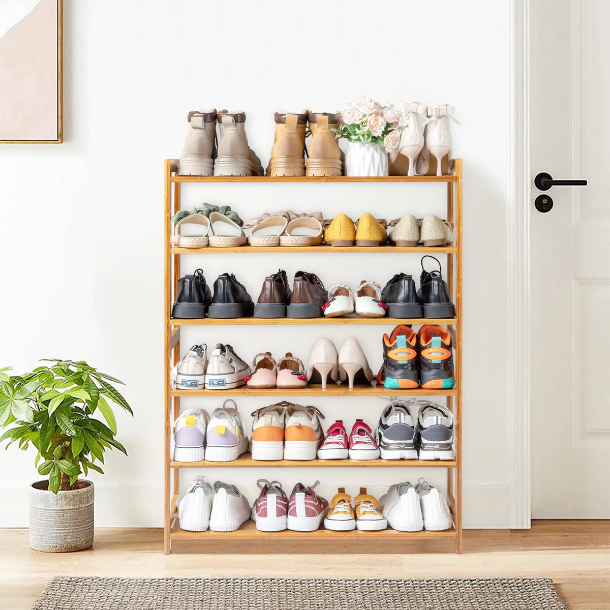 6 Tiers Bamboo Shoe Storage Rack, 18-24 Pairs, Wood Color Z219