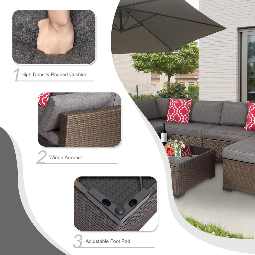 7 Pcs Wicker Patio Furniture Set with Gray Cushions D591957
