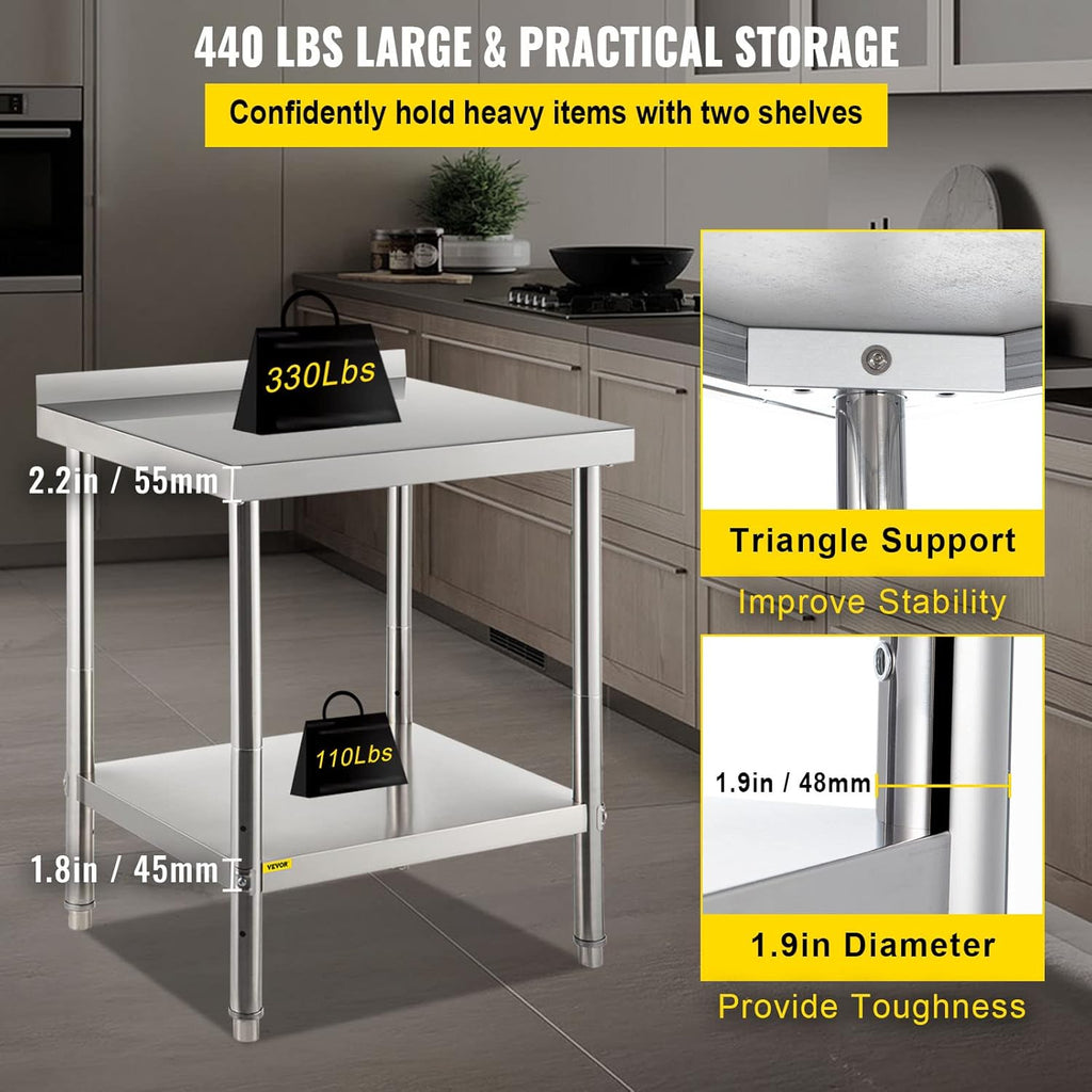 Stainless Steel Prep Table with Backsplash and Adjustable Undershelf V7151