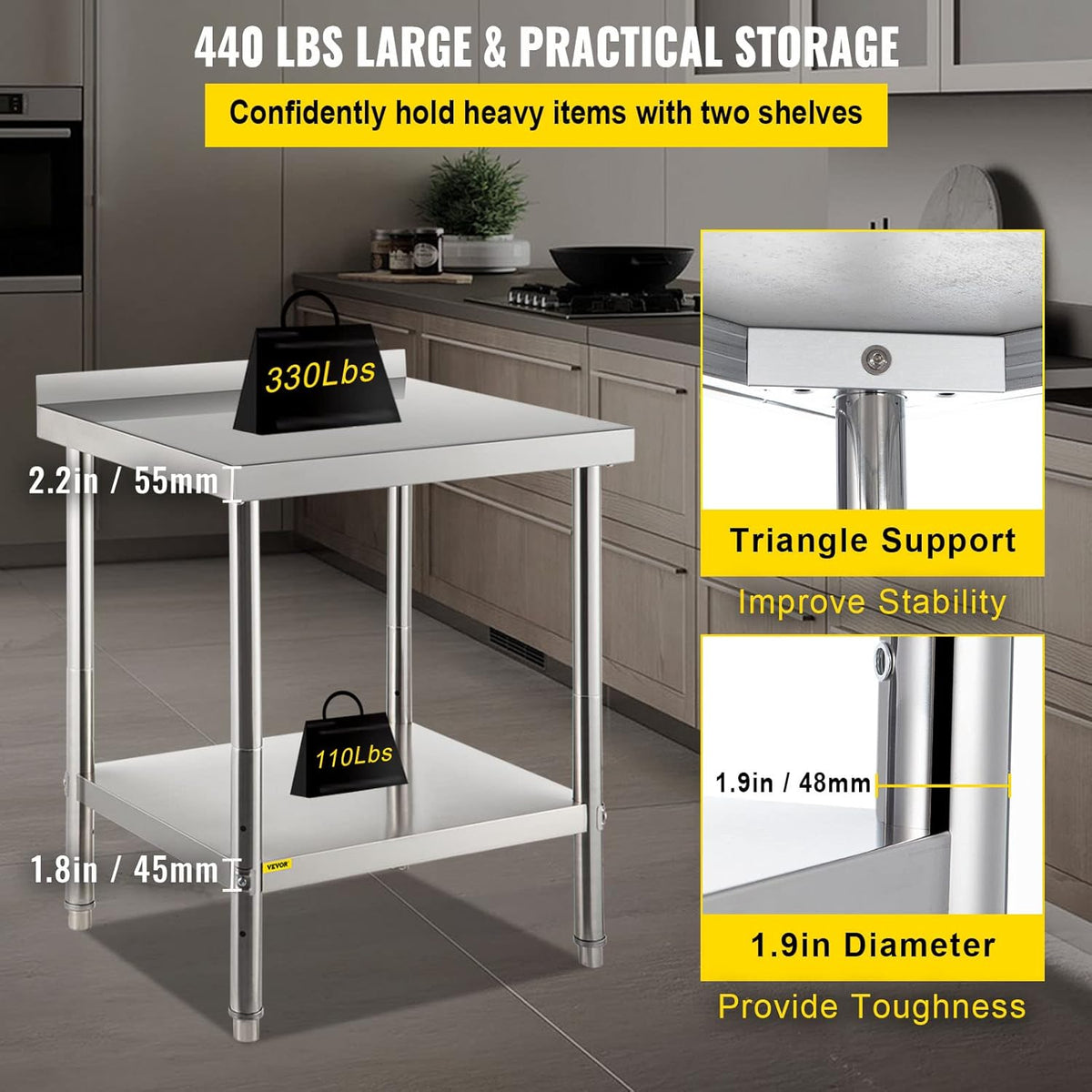 Stainless Steel Prep Table with Backsplash and Adjustable Undershelf V7151