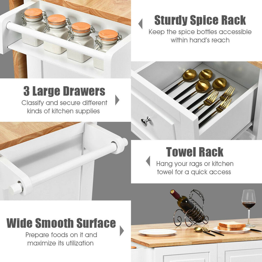 White Drop-Leaf Kitchen Island Trolley Cart Wood Storage Cabinet K921