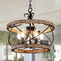 5-Light Rustic Pendant Light Adjustable Height Distressed Wood Caged Chandelier B508531