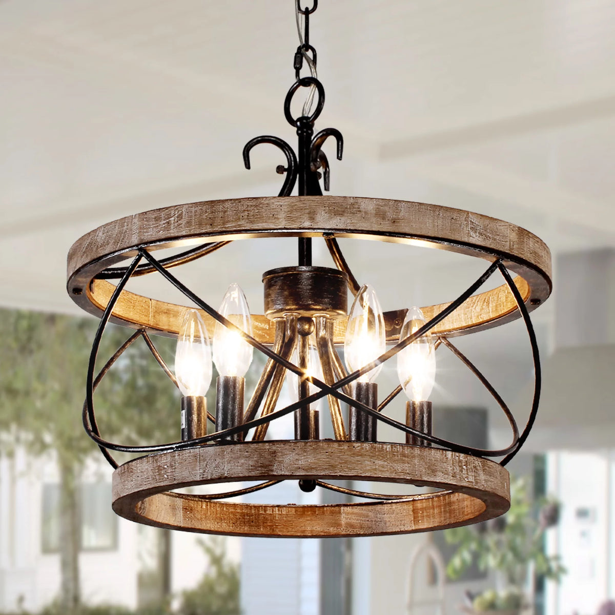 5-Light Rustic Pendant Light Adjustable Height Distressed Wood Caged Chandelier B508531