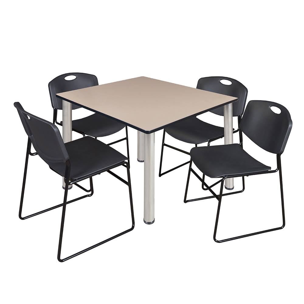 48x22 Square Breakroom Table Beige Chrome with 4 Black Stack Chairs T4445