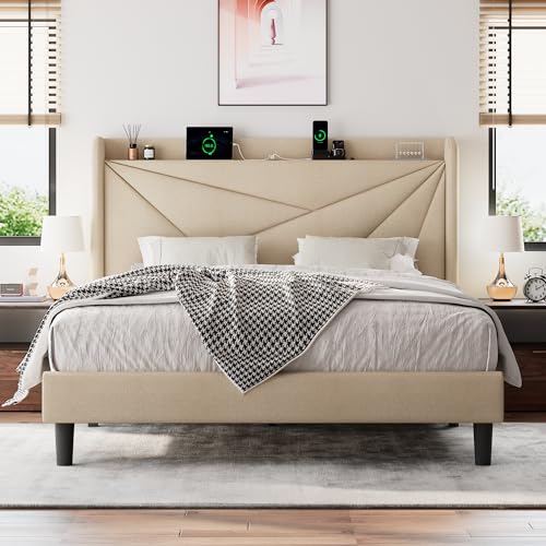 White Full Size Upholstered Platform Bed Frame with Storage Headboard G5091
