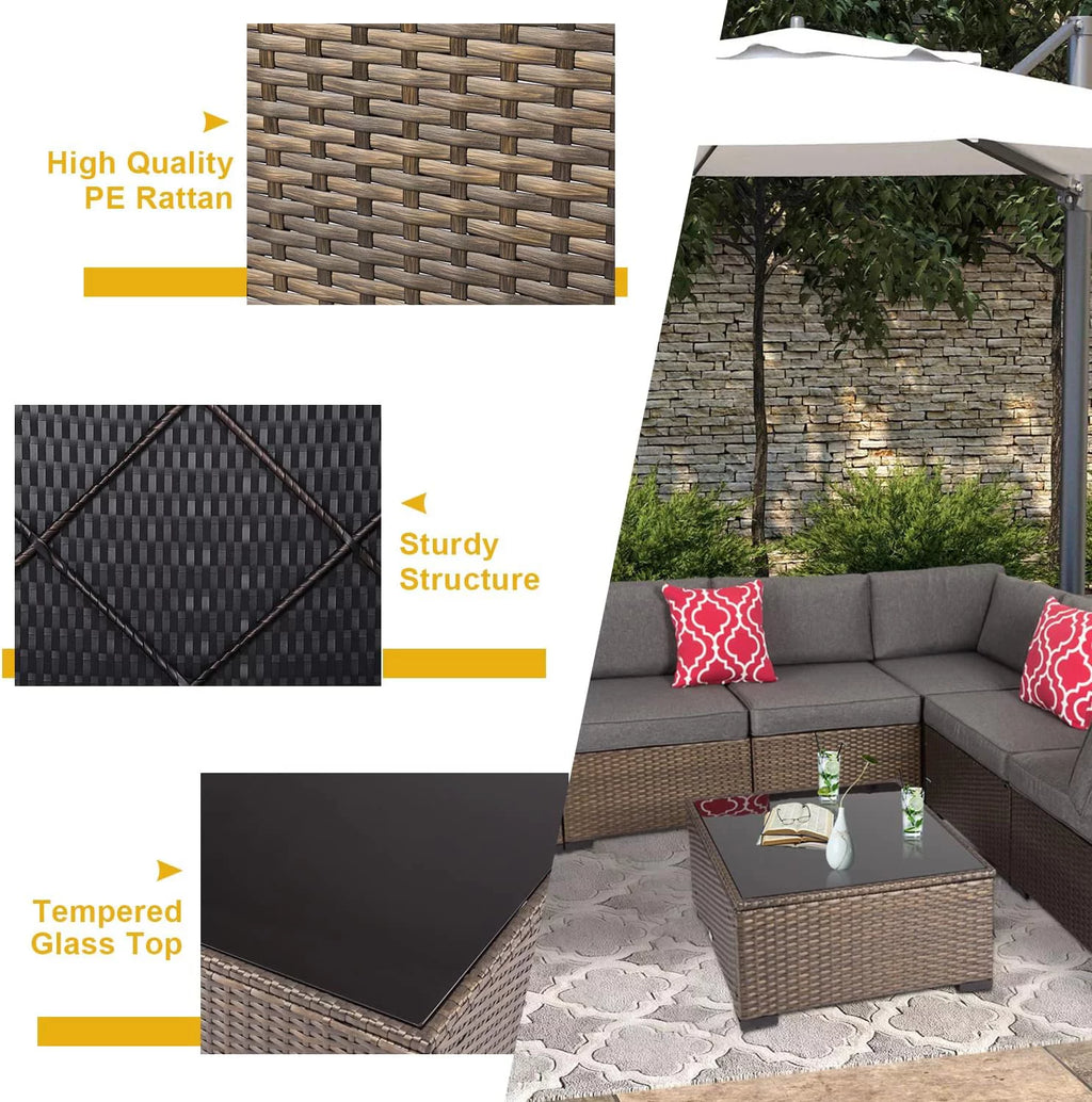 7 Pcs Wicker Patio Furniture Set with Gray Cushions D591957