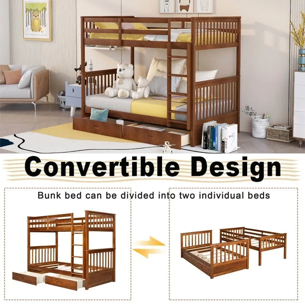 Solid Wood Twin Over Twin Bunk Beds with Storage Drawers T2092