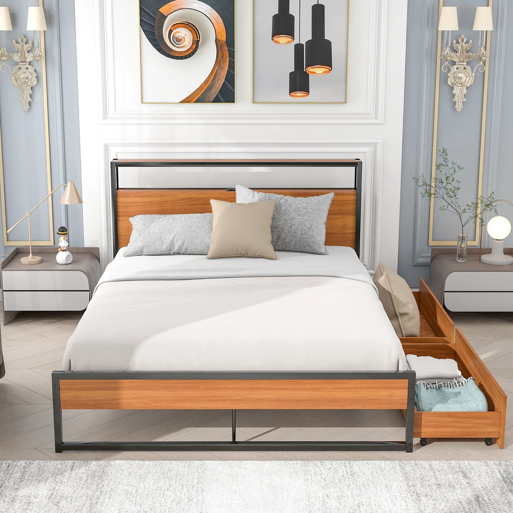 Black Queen Size Metal Platform Bed Frame with Wood Headboard and 2 Drawers Y309