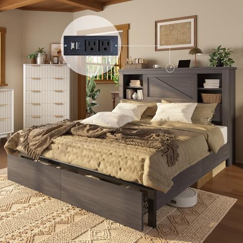 Grey King Bed Frame with Storage Drawers and Bookcase Headboard T719103
