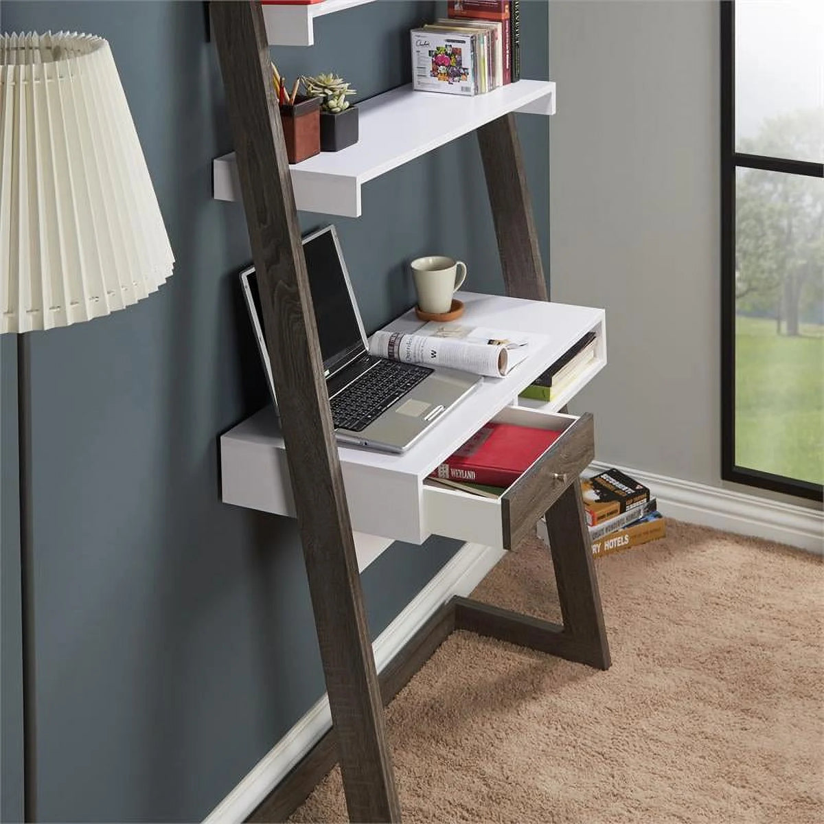 Distressed Gray Wood Writing Desk with Shelves M440078