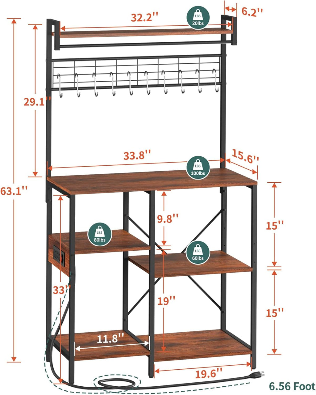 Industrial Bakers Rack with Power Outlet, 10 Hooks N868012