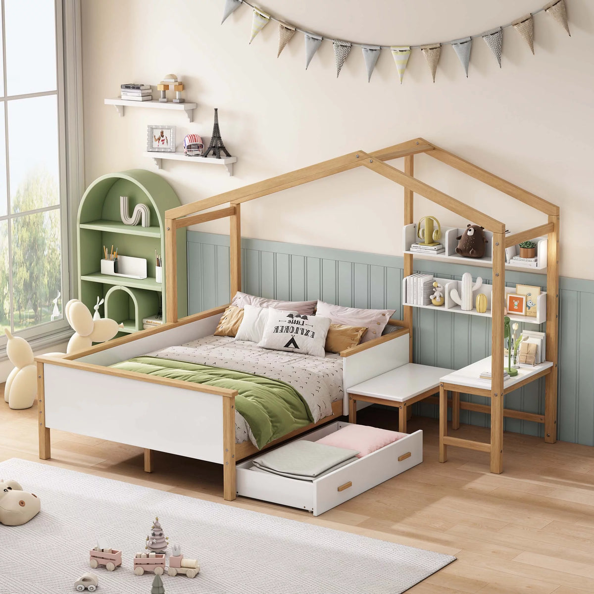 White Full Size Wooden House Bed with Desk and 6-Drawer Chest Q1181