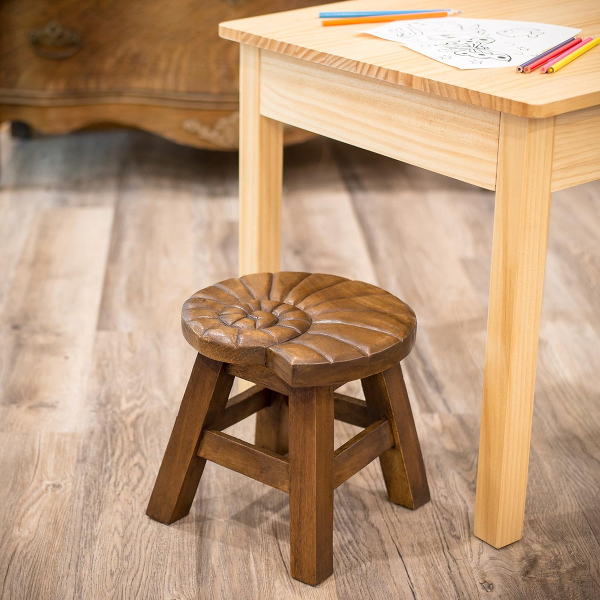 Hand Carved Acacia Hardwood Decorative Stool G745