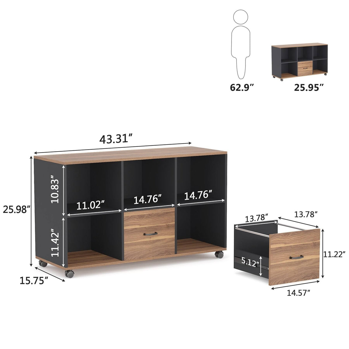 Brown 2 Drawer Letter Size Mobile File Cabinet T7723