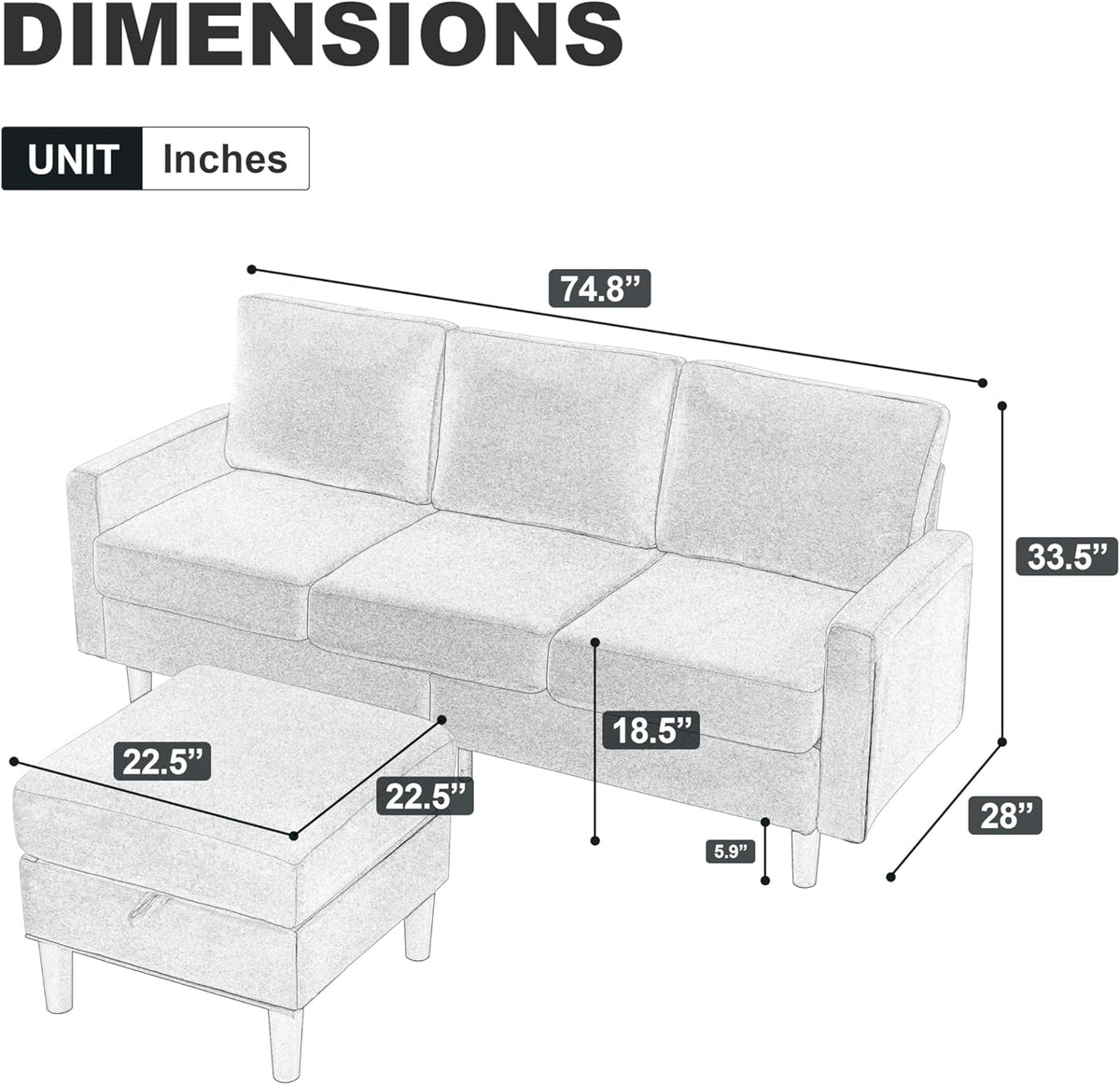 Dark Gray Fabric L Shaped Sectional Sofa with Storage Ottoman E99030