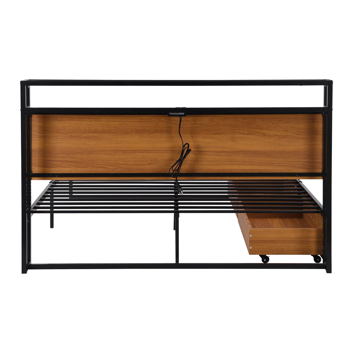 Black Queen Size Metal Platform Bed Frame with Wood Headboard and 2 Drawers Y309