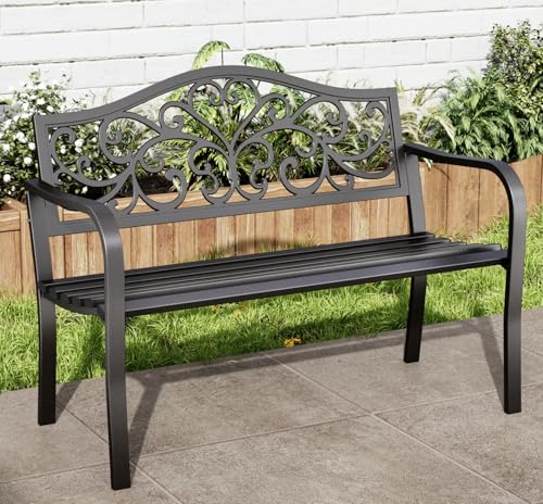 43.7 Inches Outdoor Garden Bench with Geometric Pattern Backrest, Black U5554